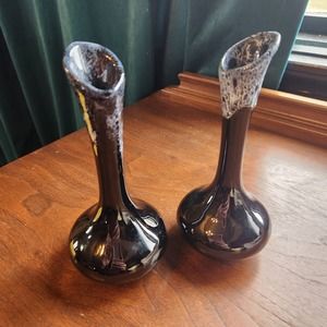 PAIR Van Briggle Pottery Bud Vases, Black w Drip glaze, glossy